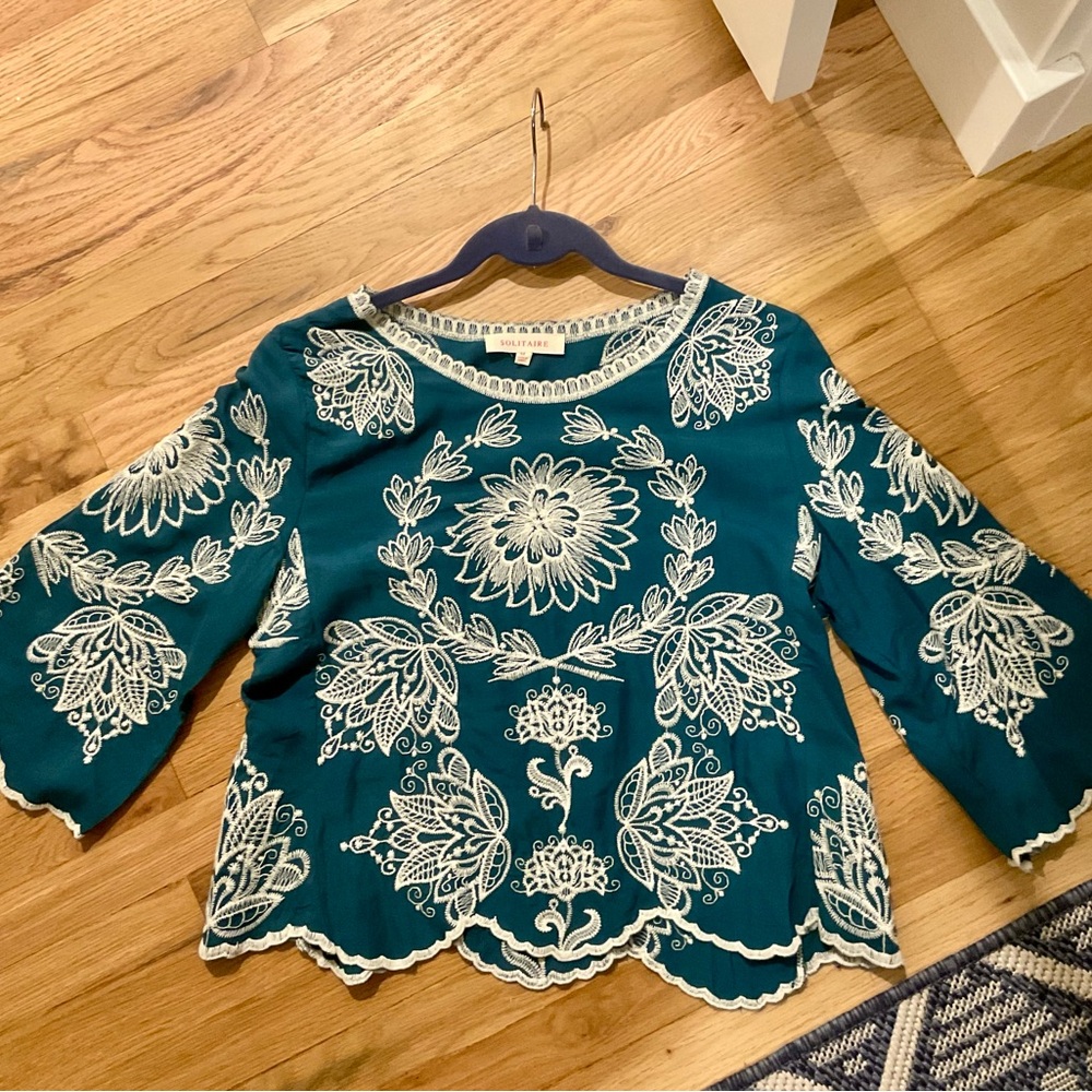 Solitaire Deep Teal Blouse with White Embroidery
